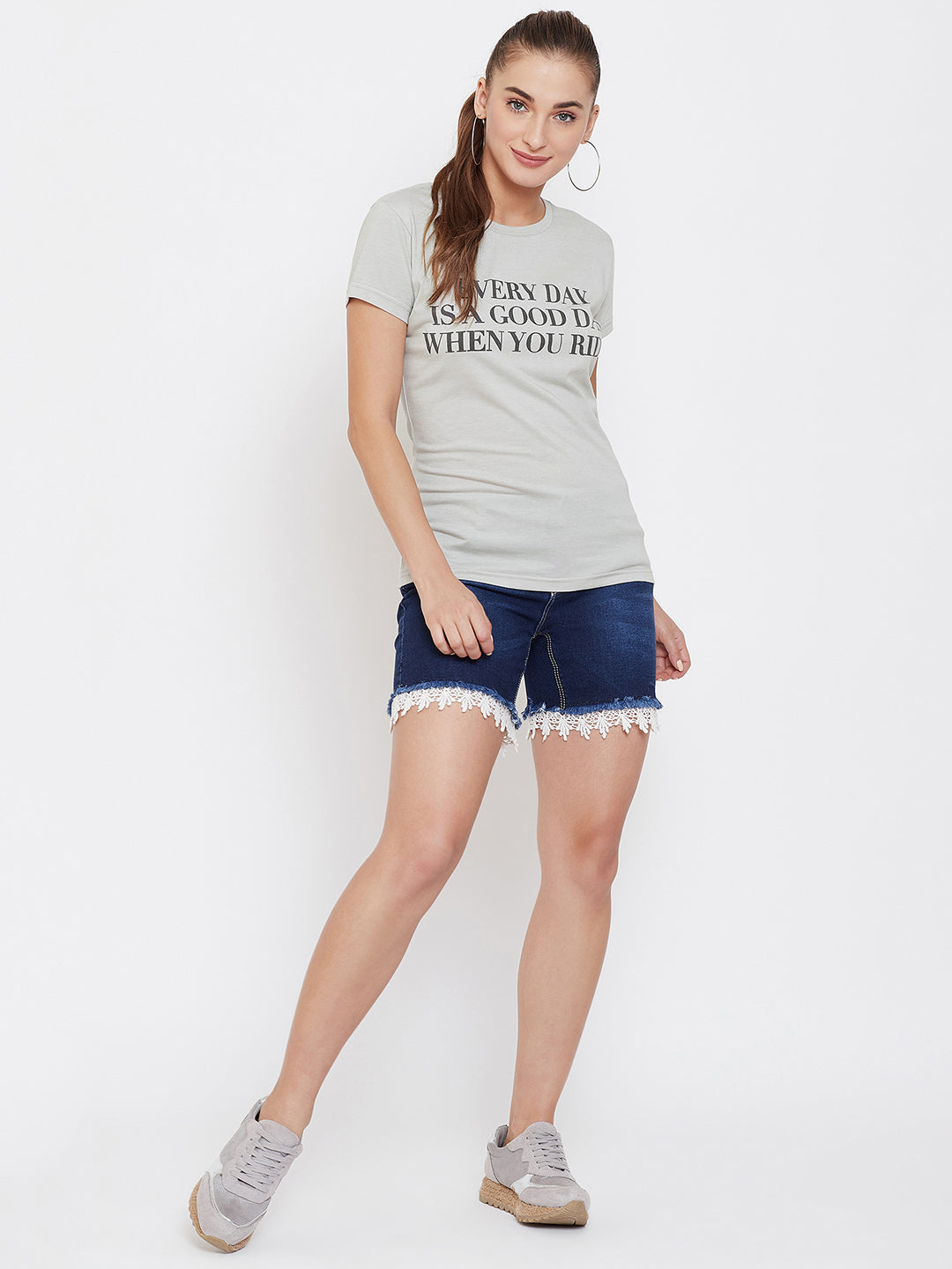 Women Grey Printed Casual Round neck T-shirt - JUMP USA