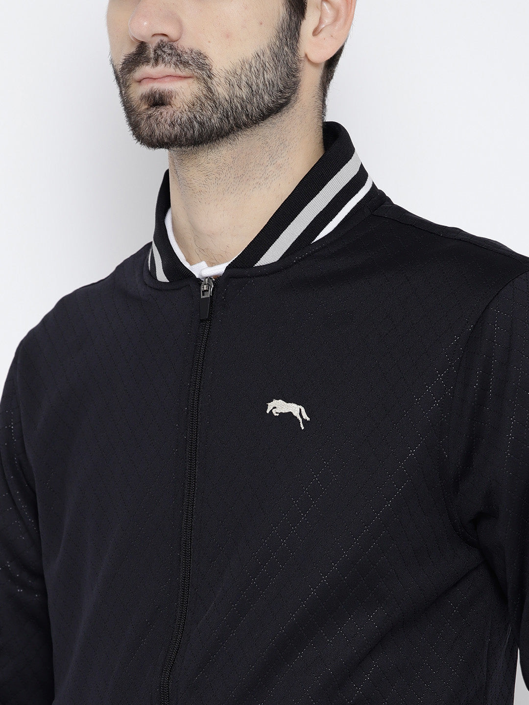 Men Navy Blue self Design Jacket - JUMP USA
