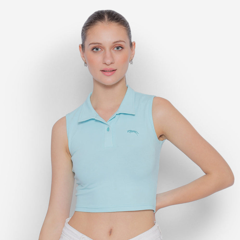 JUMP USA Pure Cotton Sleeveless Polo Crop Top