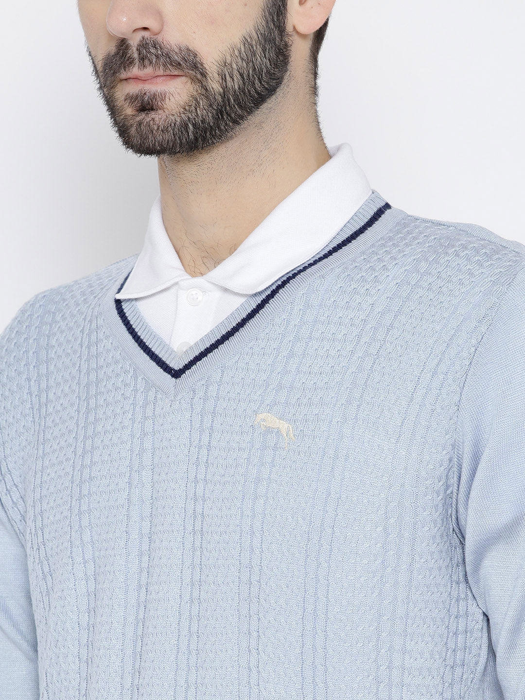 Men Blue Self Design Pullover - JUMP USA