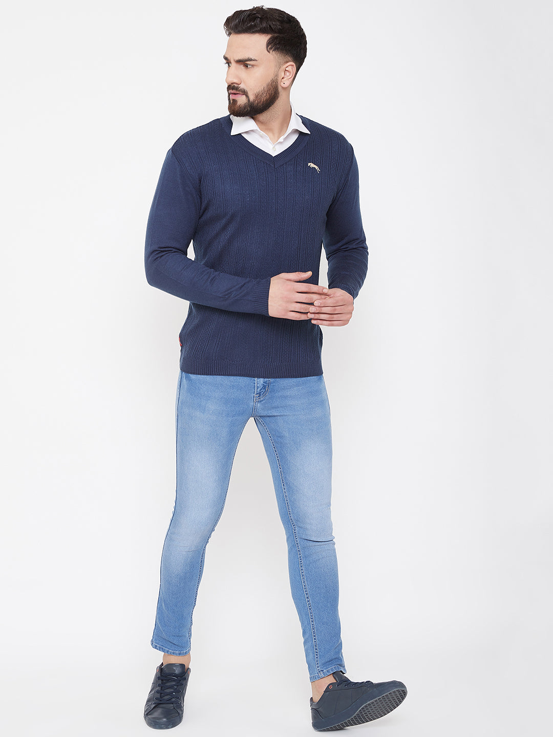 JUMP USA Men Navy Blue Self Design Sweater - JUMP USA