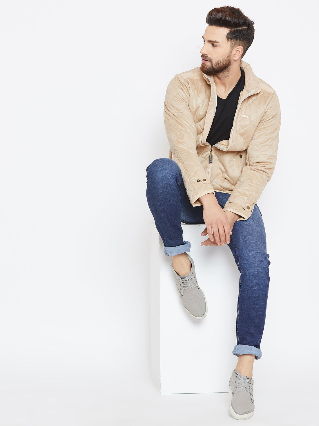 Men Beige Solid Quilted Jacket - JUMP USA