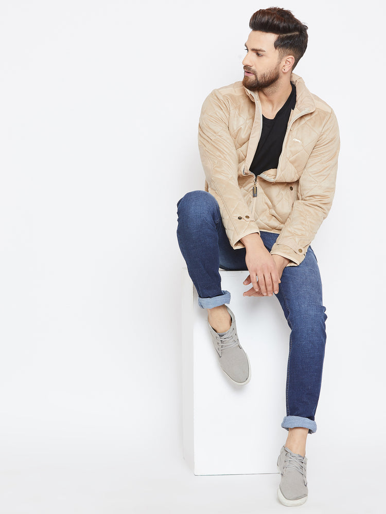 Men Beige Solid Quilted Jacket - JUMP USA