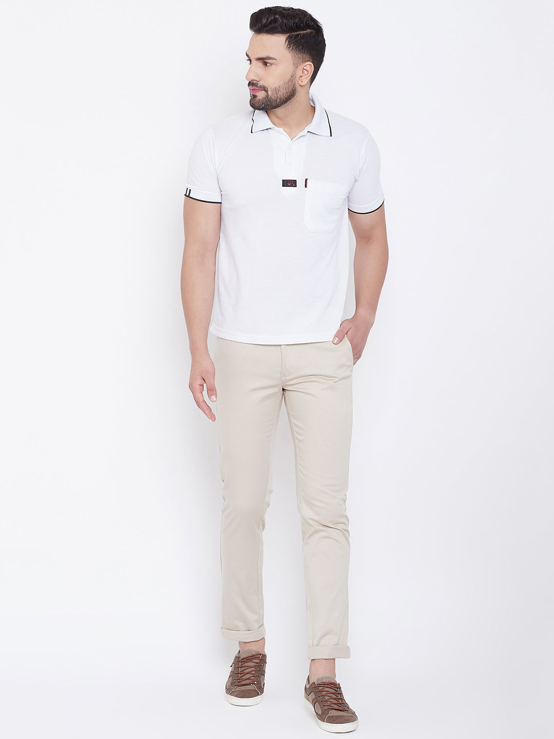 JUMP USA Men Cream Regular Fit Solid Trousers - JUMP USA