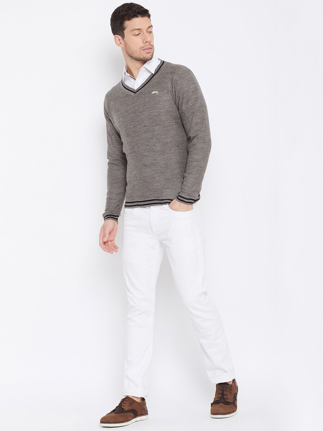 JUMP USA Men Beige Self Design Pullover - JUMP USA