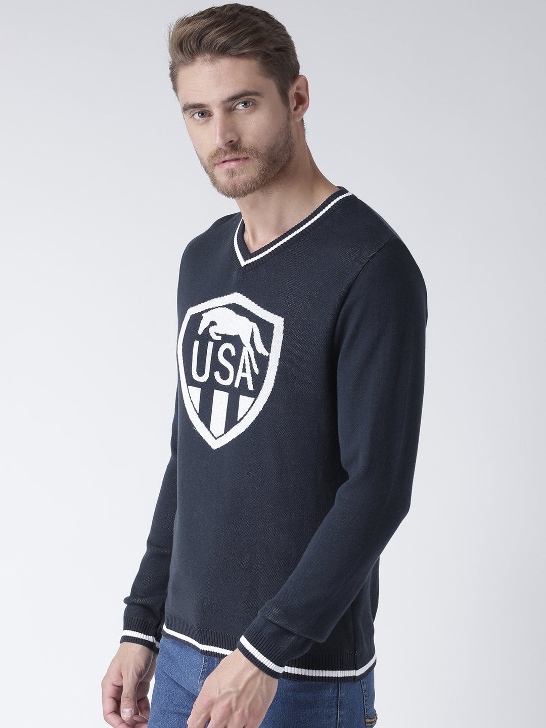 Men Navy Blue Solid Sweater - JUMP USA