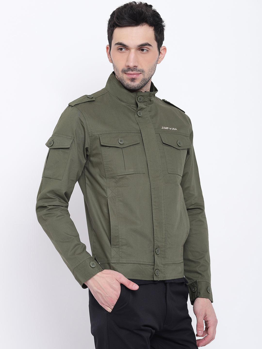 Men Casual Solid Olive Tailored Jacket - JUMP USA
