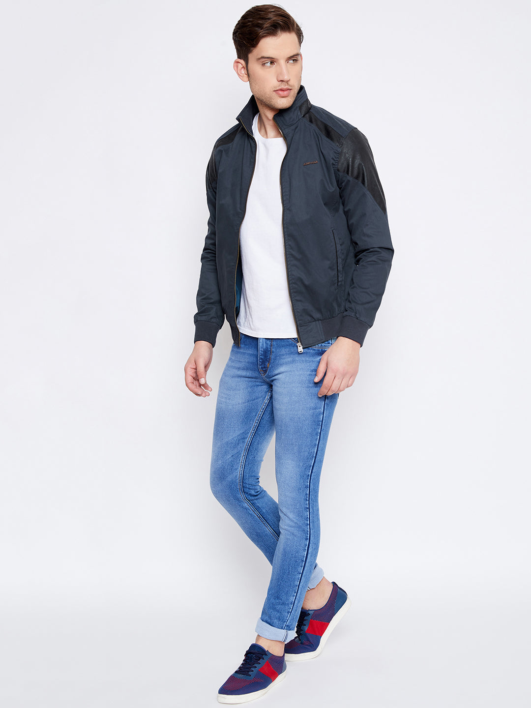 JUMP USA Men Navy Blue Solid Casual Bomber Jacket - JUMP USA
