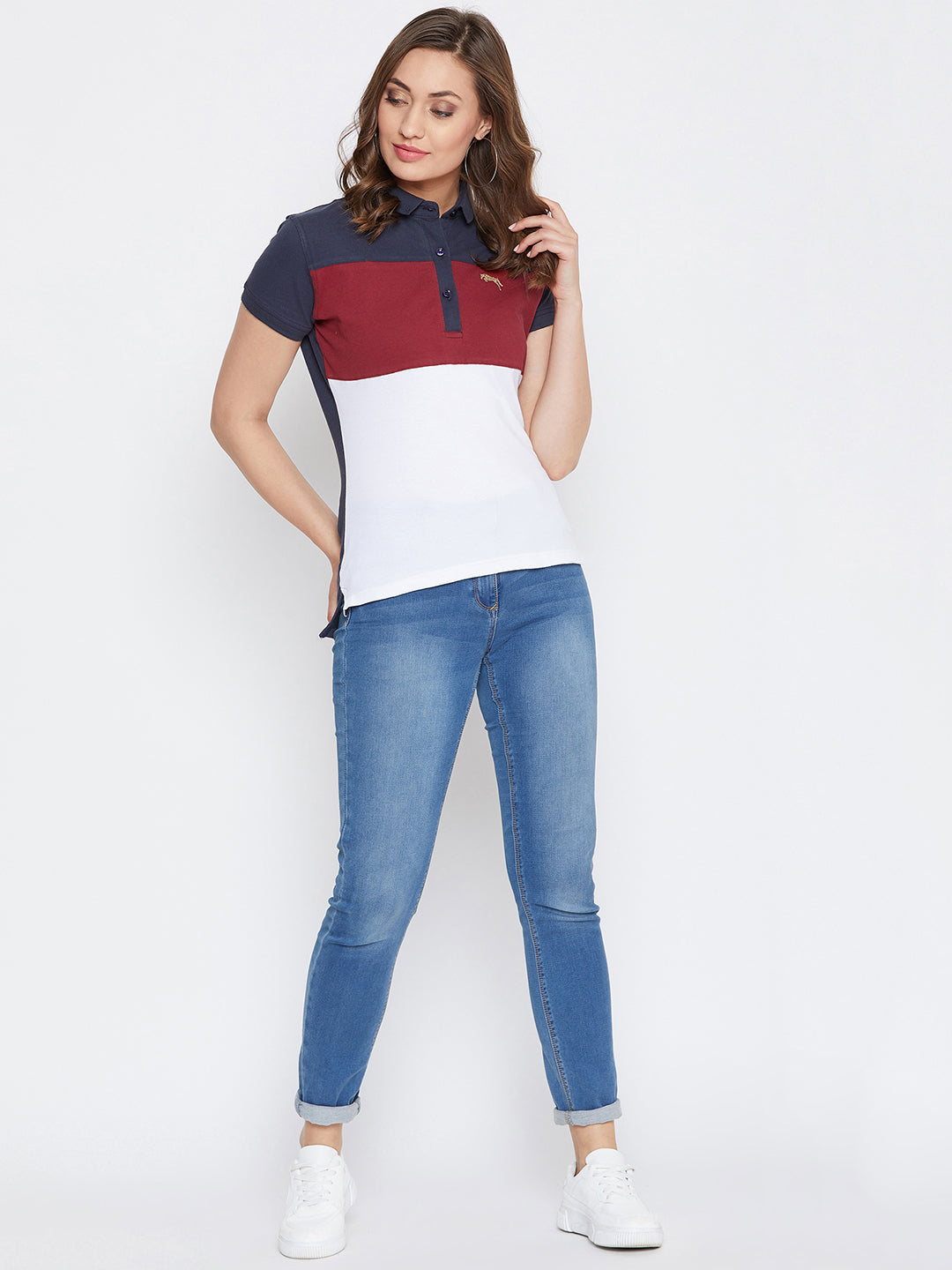 JUMP USA Women Navy Blue And Red Colour blocked PoloT-Shirts - JUMP USA