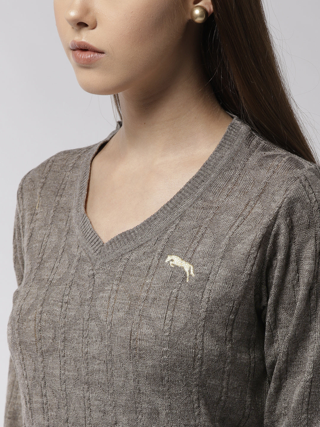 Women Self Design Beige Pullover - JUMP USA