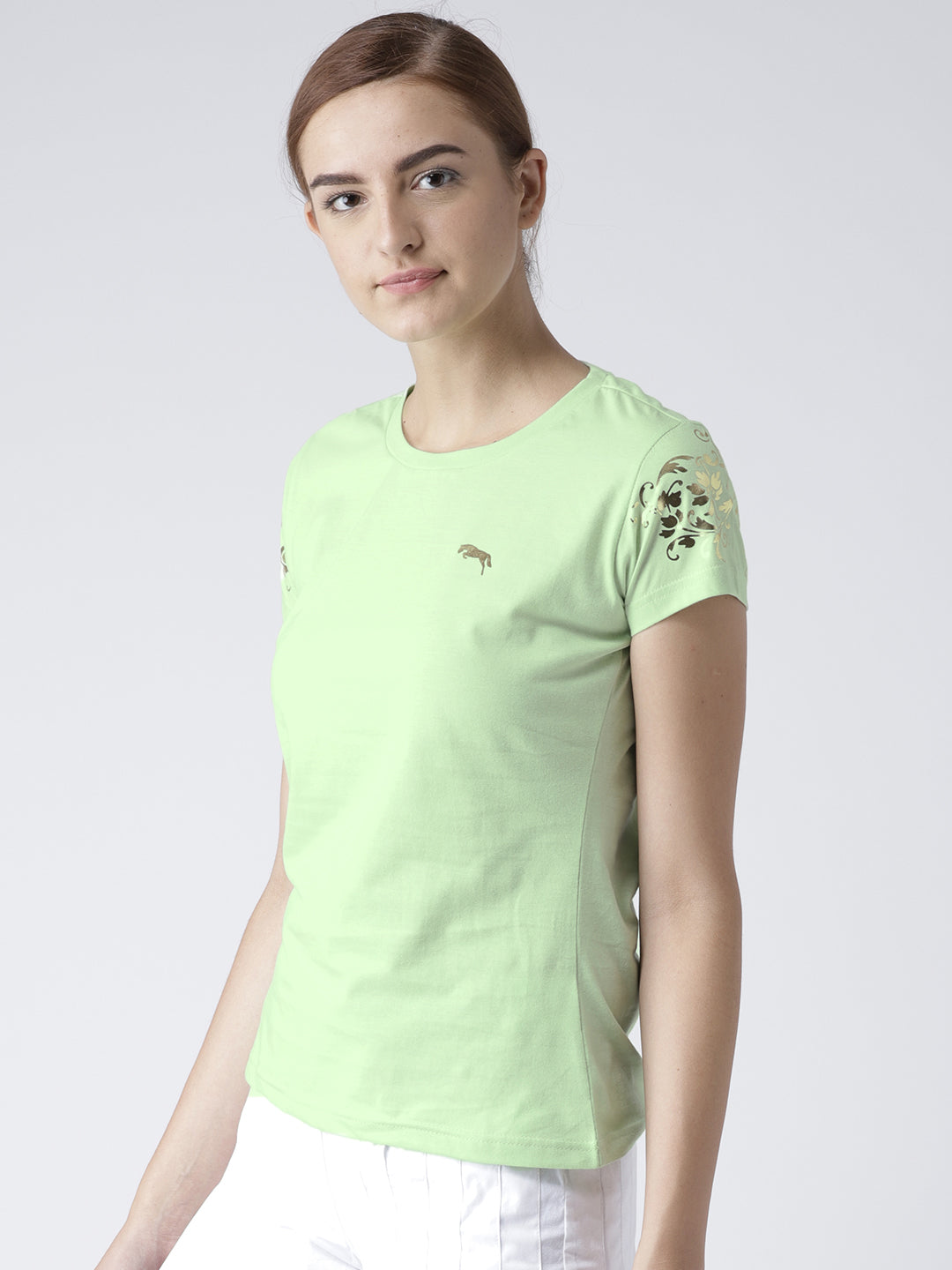 Women Solid Green T-Shirt - JUMP USA