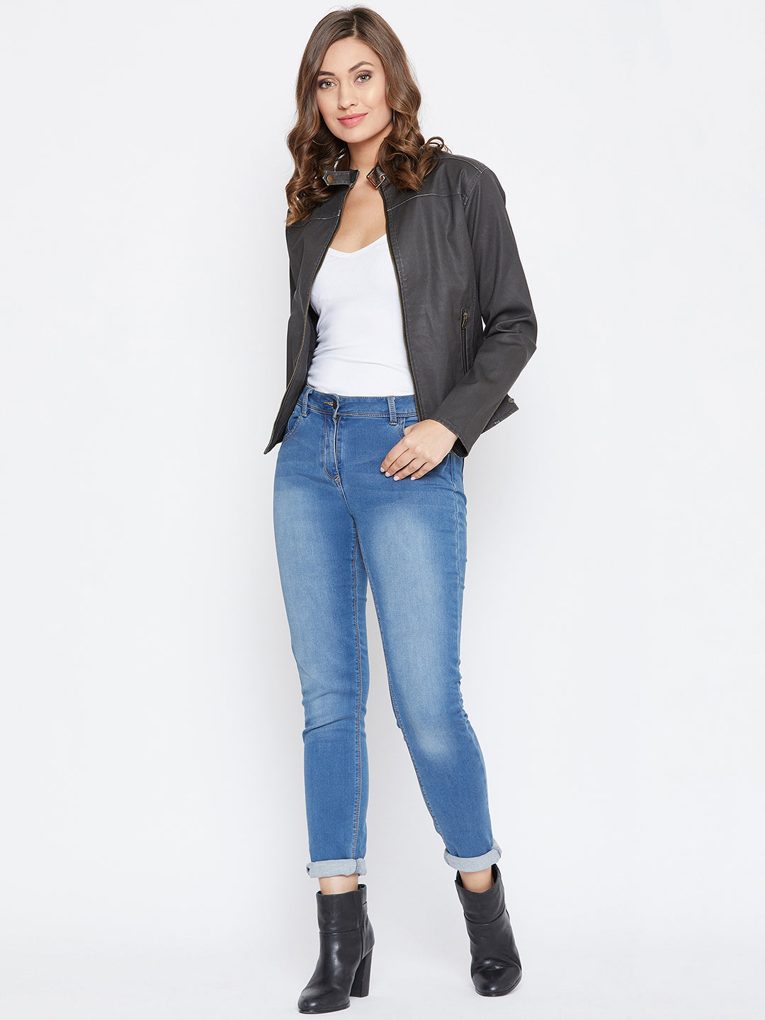 JUMP USA Women Black Solid Casual Leather Jacket - JUMP USA