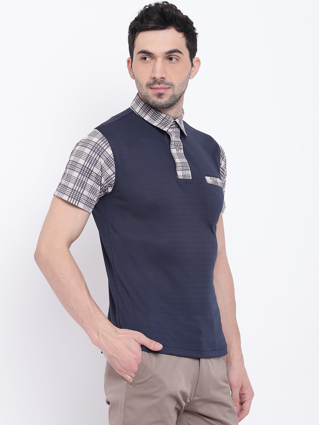 Men Casual Solid Navy Blue Polo Collar T-Shirt - JUMP USA