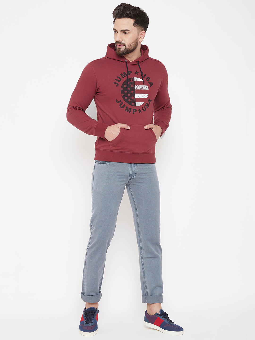 JUMP USA Men Red Self Design Hooded Pullover Sweatshirt - JUMP USA