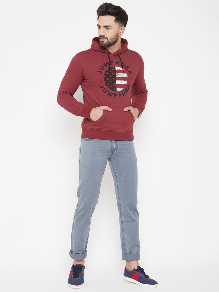 JUMP USA Men Red Self Design Hooded Pullover Sweatshirt - JUMP USA