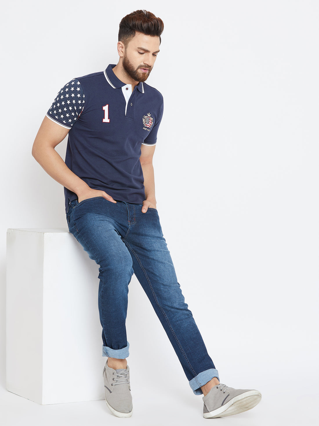 Men Navy Blue Casual Polo Collar T-shirt - JUMP USA