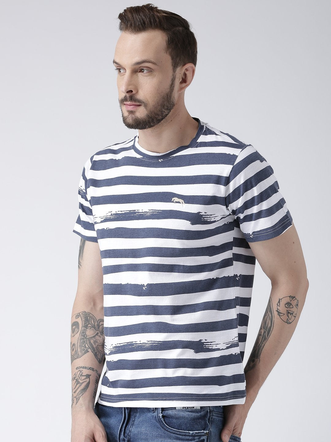 Men White Striped Round Neck T-shirt - JUMP USA
