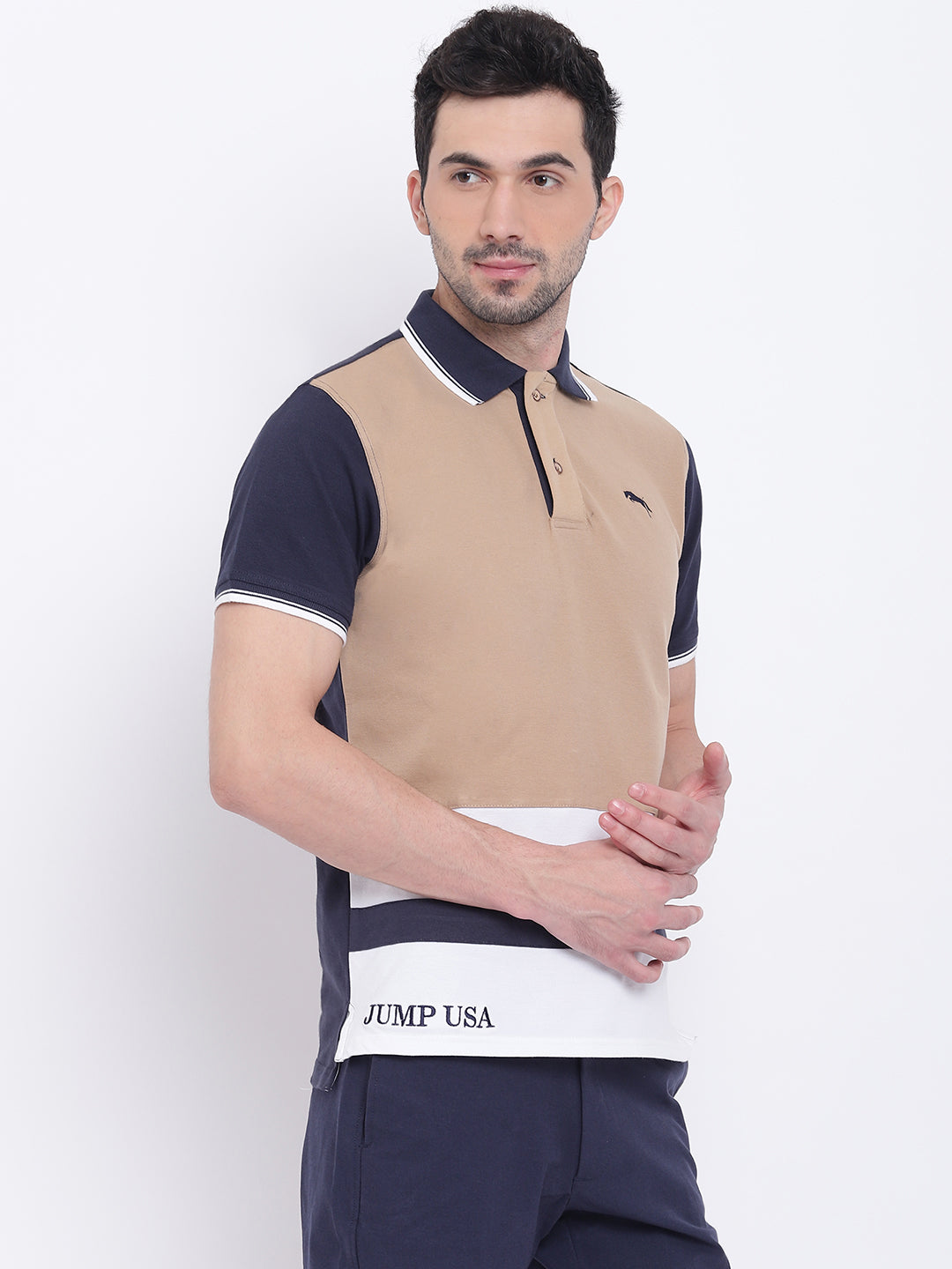 Men Casual Solid Navy Blue Polo Collar T-Shirt - JUMP USA