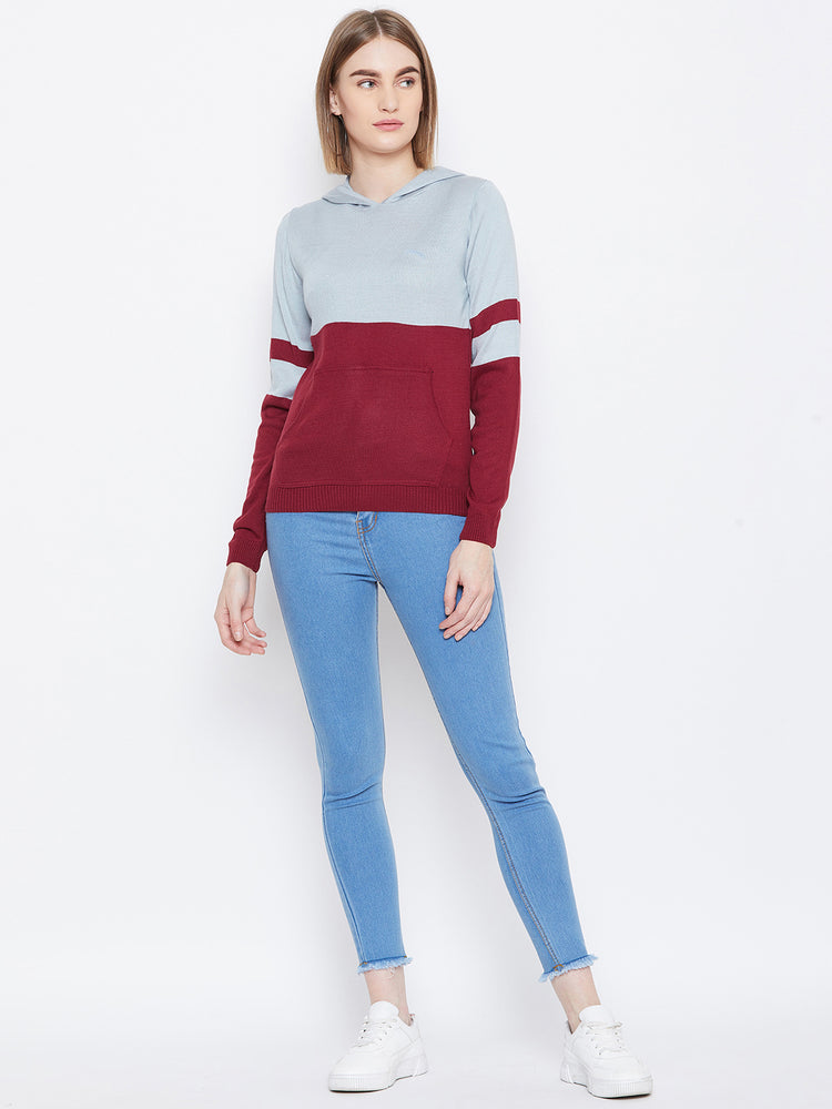 JUMP USA Women Blue & Red Colourblocked Hooded Sweater - JUMP USA