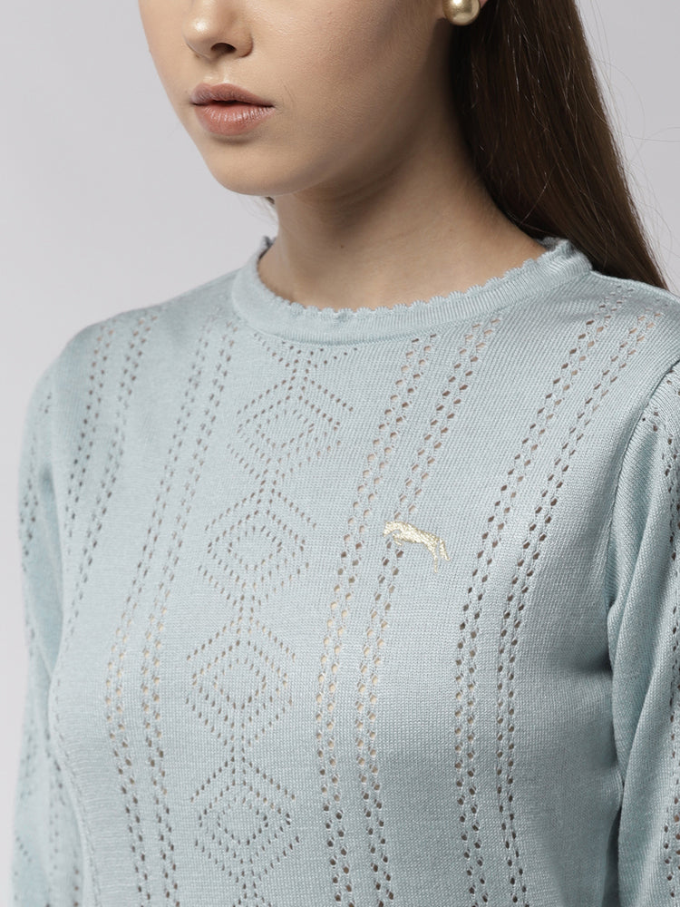 Women Solid Blue Pullover - JUMP USA