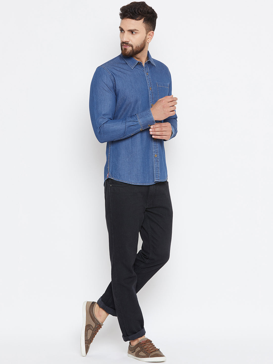 Men Dark Blue Washed Slim Fit Casual Shirt - JUMP USA