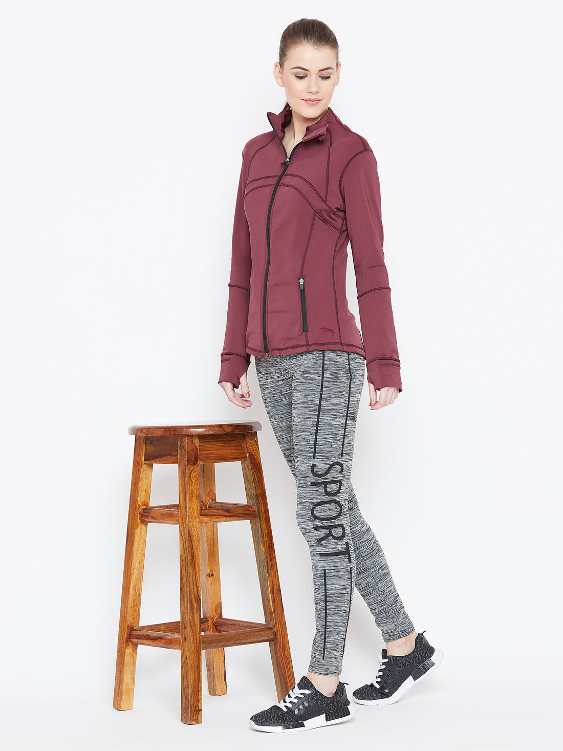 Women Maroon Solid Sporty Jacket - JUMP USA