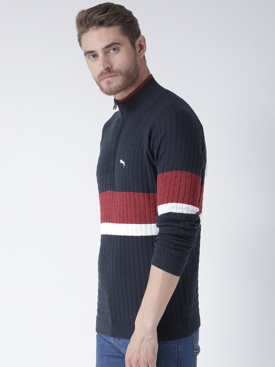 Men Navy Blue Solid Sweater - JUMP USA