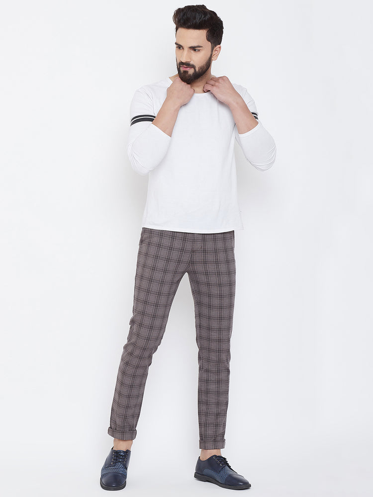 JUMP USA Men Grey Check Slim Fit Cotton Casual Trousers - JUMP USA