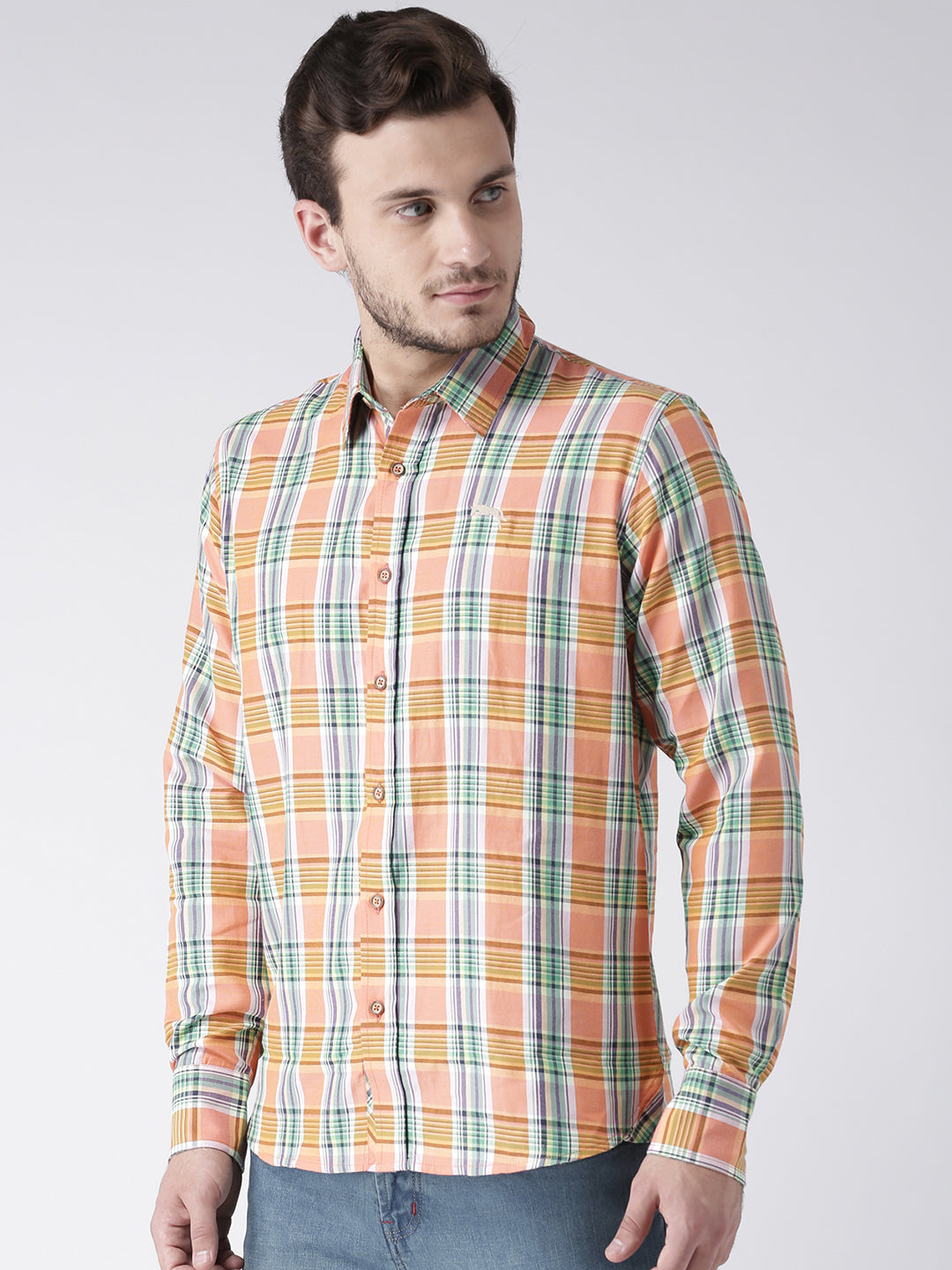 Men Casual Checked Orange Shirts - JUMP USA