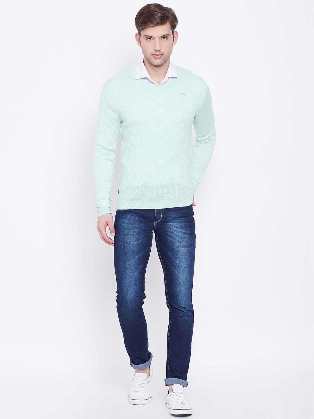 JUMP USA Men Teal Self Design Sweater - JUMP USA