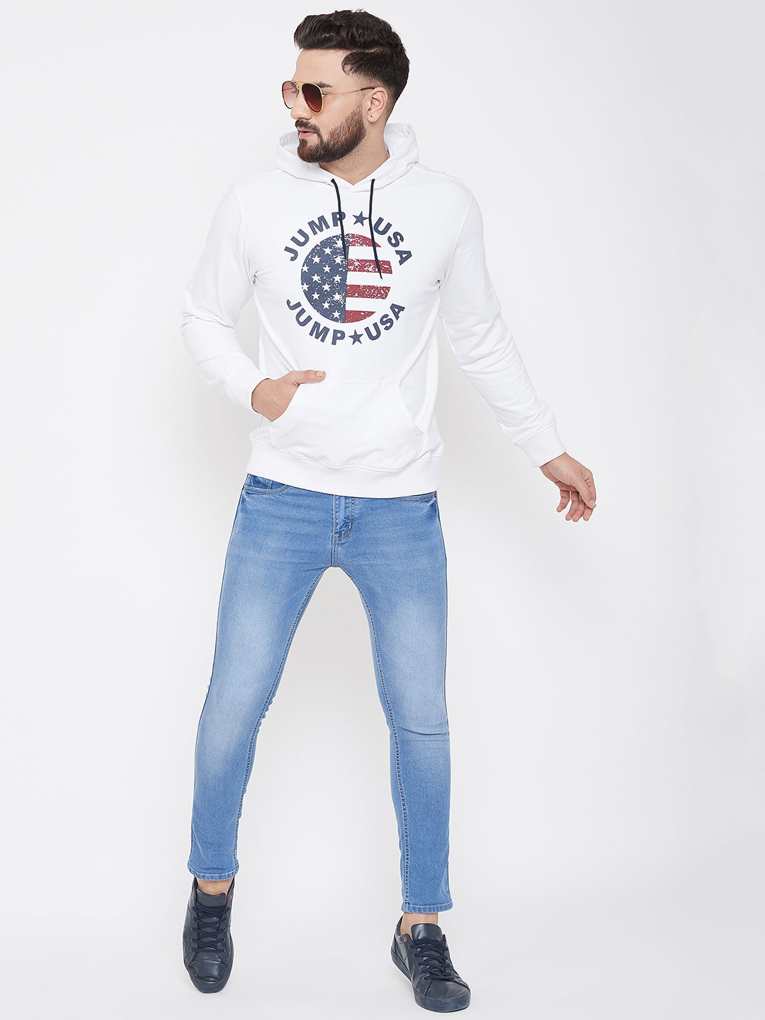 JUMP USA Men White Self Design Hooded Sweatshirt - JUMP USA