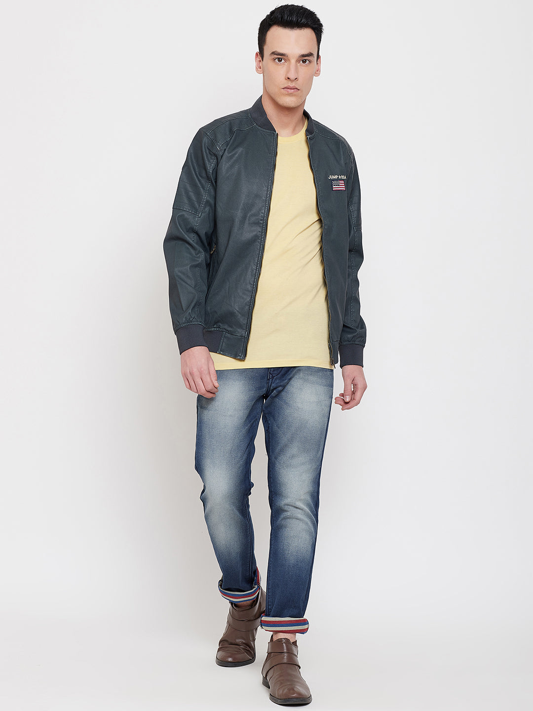 JUMP USA Men Olive Solid Casual Biker Jacket - JUMP USA