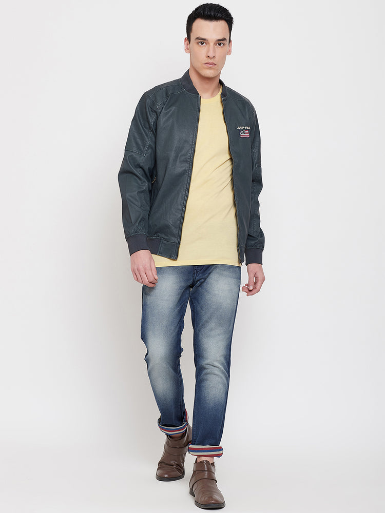 JUMP USA Men Olive Solid Casual Biker Jacket - JUMP USA