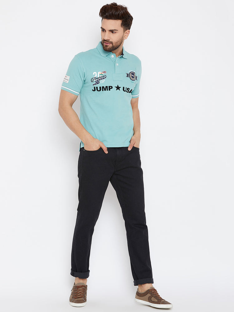 JUMP USA Men Blue Printed Polo Collar T-Shirt - JUMP USA