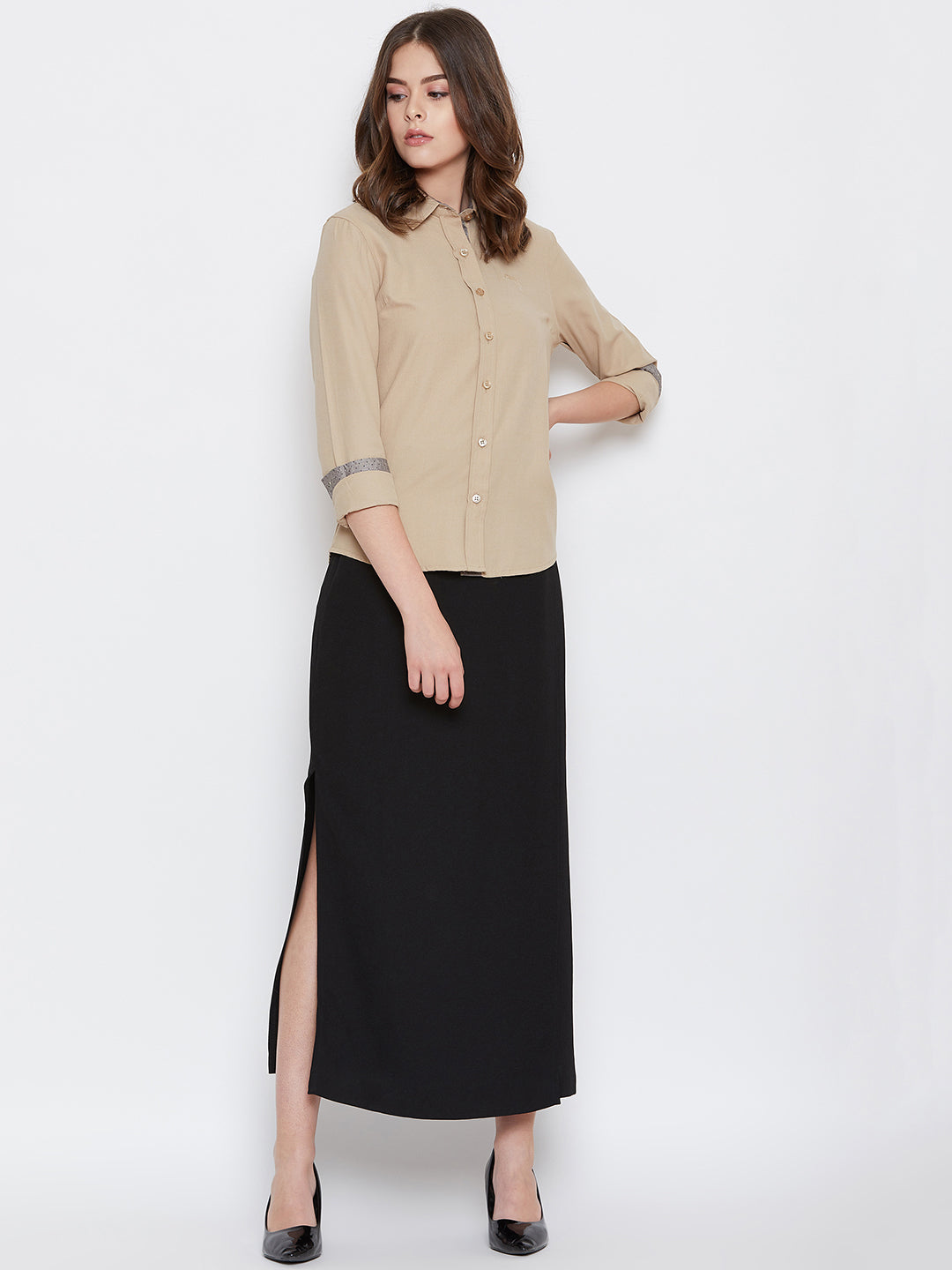 Women Beige Solid Casual Slim Fit Shirt - JUMP USA