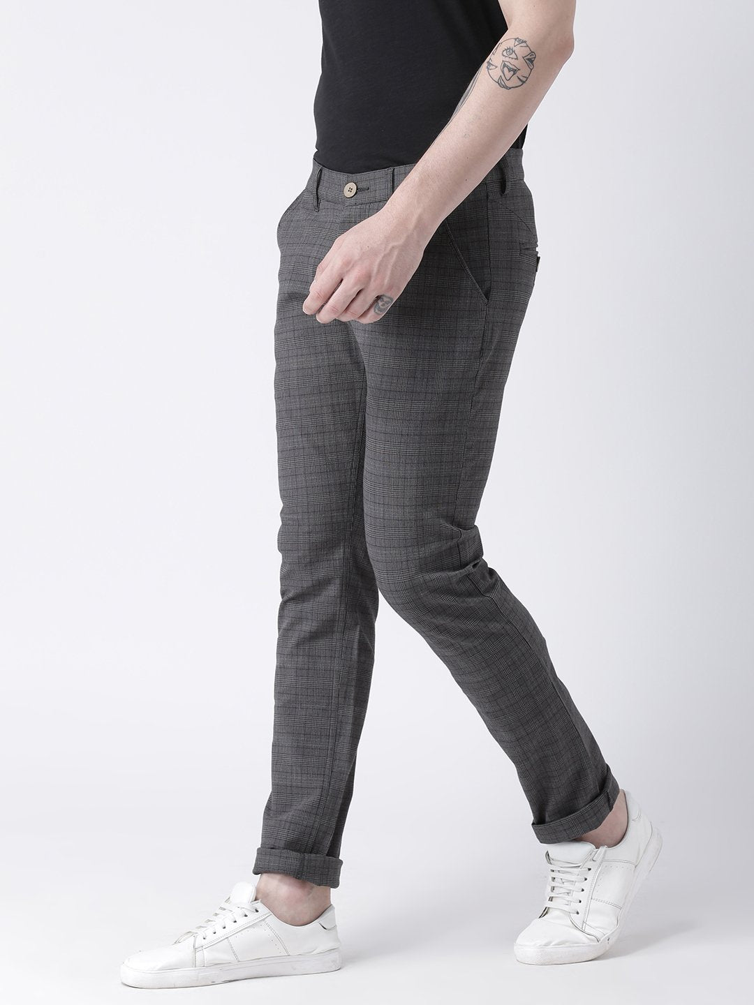 Men Charcoal Slim Fit Checked Chinos - JUMP USA