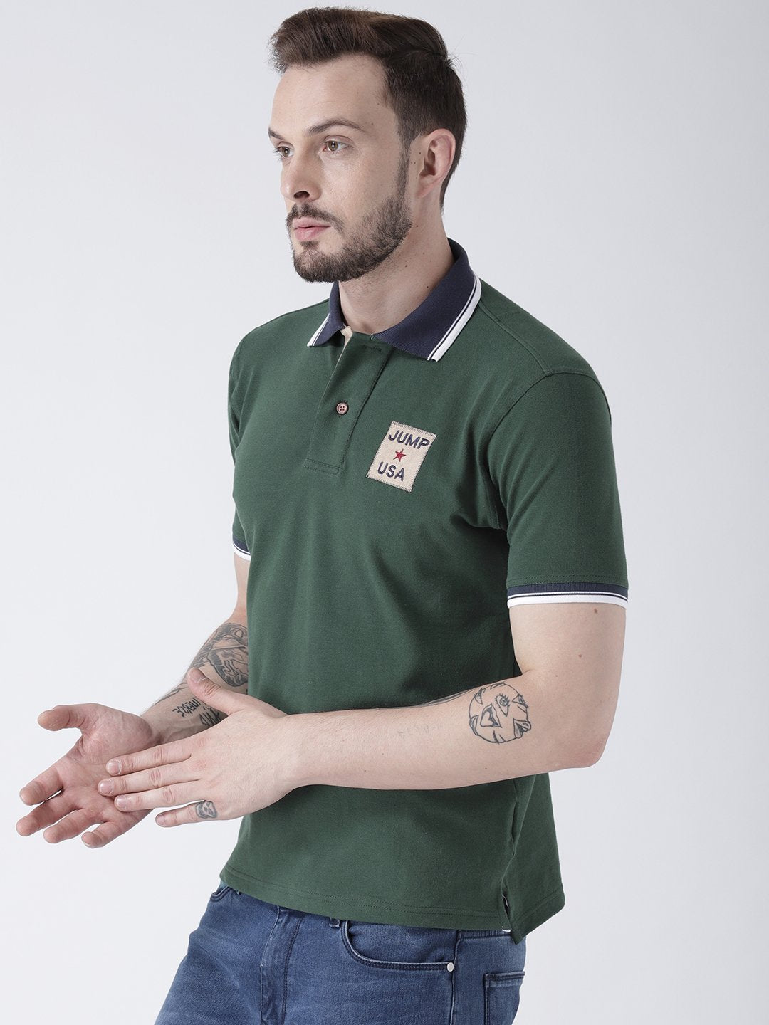 Men Green Solid Polo T-shirt - JUMP USA