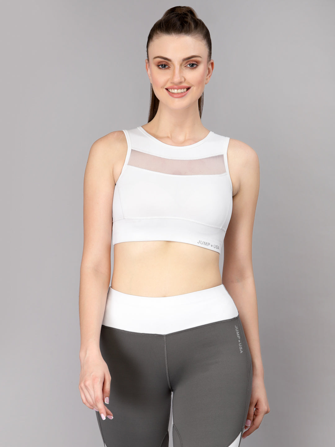JUMP USA White Solid Non-Wired Non Padded Rapid-Dry Training Sports Bra