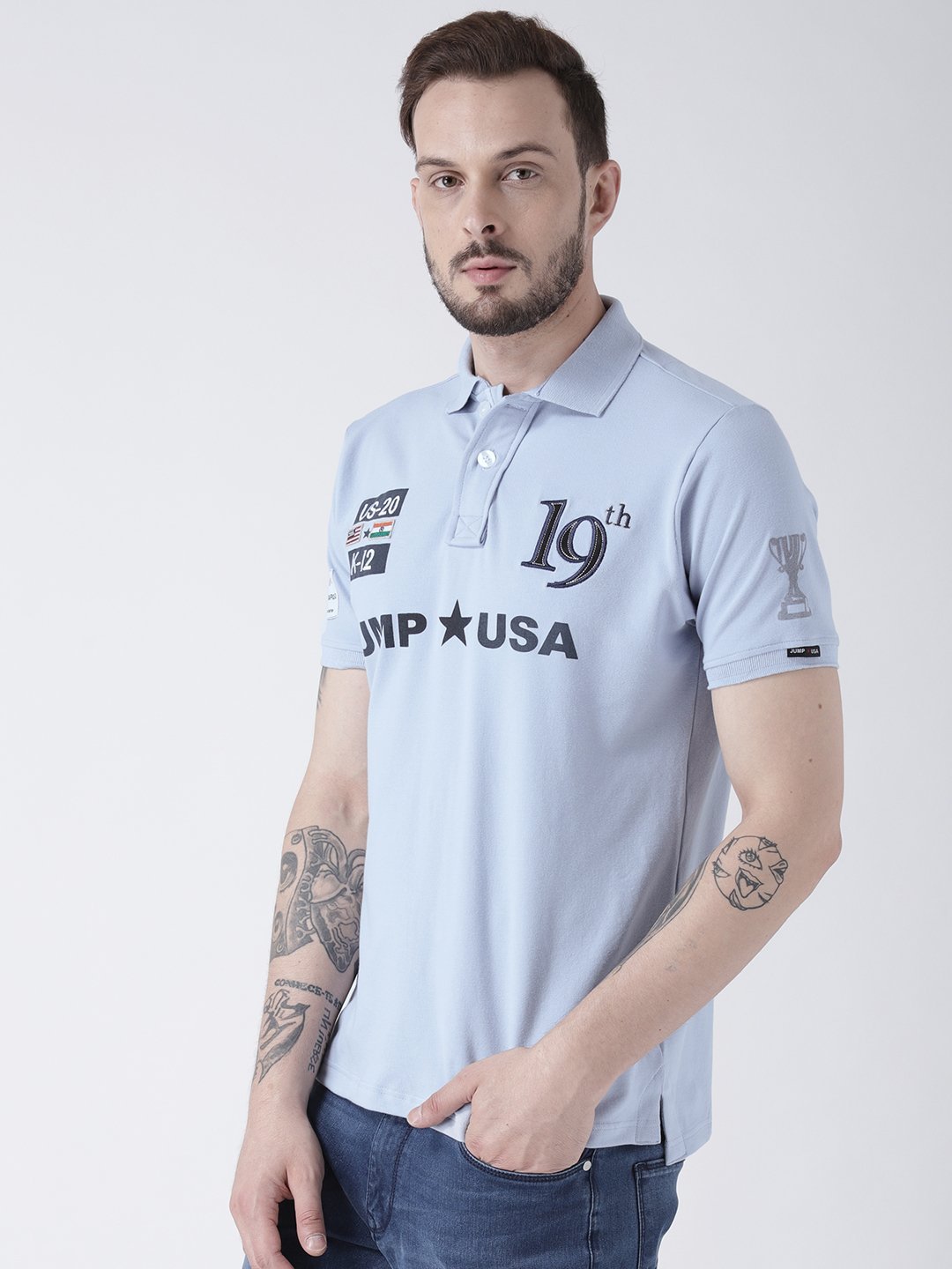Men Blue Solid Polo T-shirt - JUMP USA