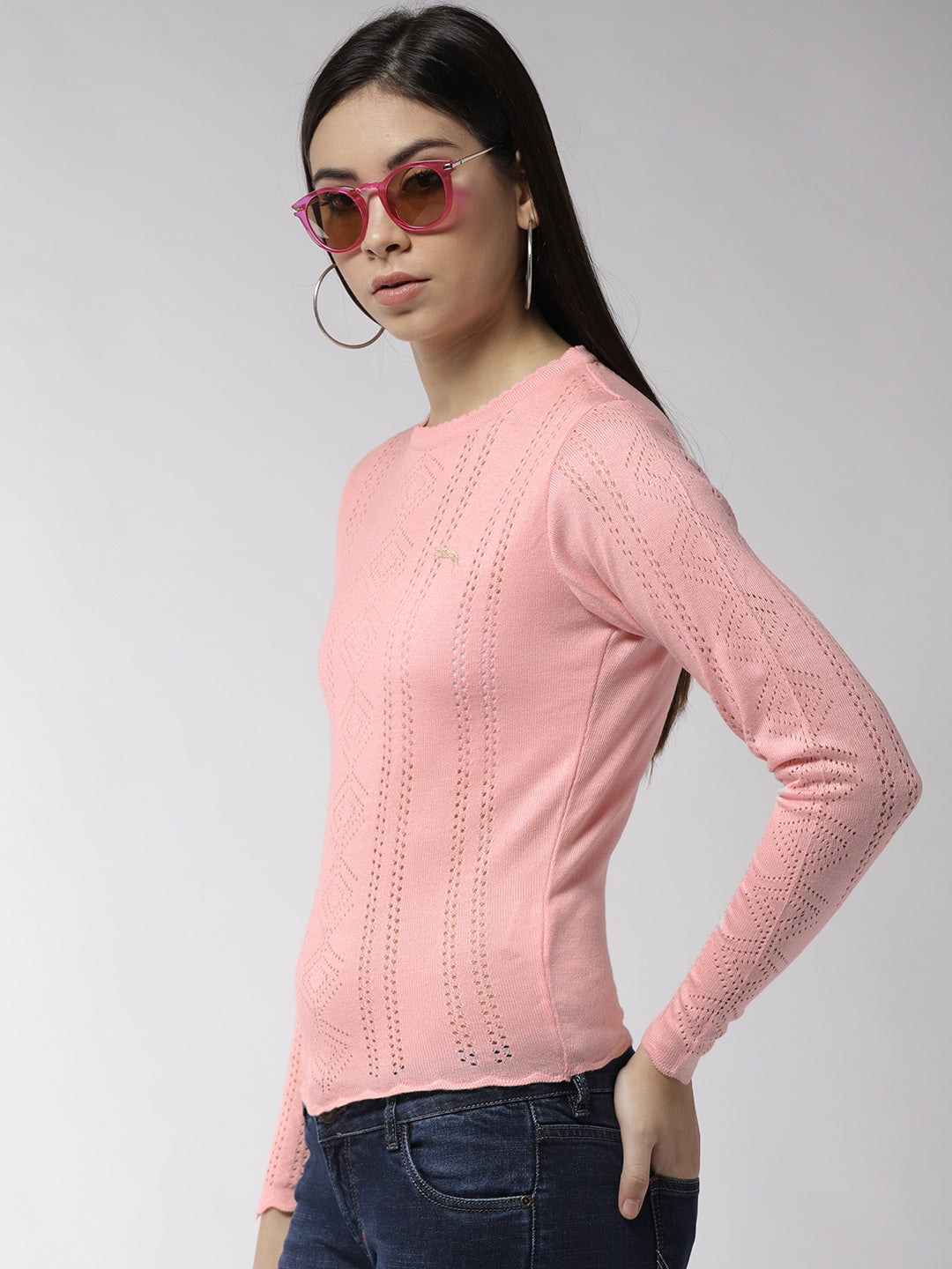 Women Solid Pink Pullover - JUMP USA