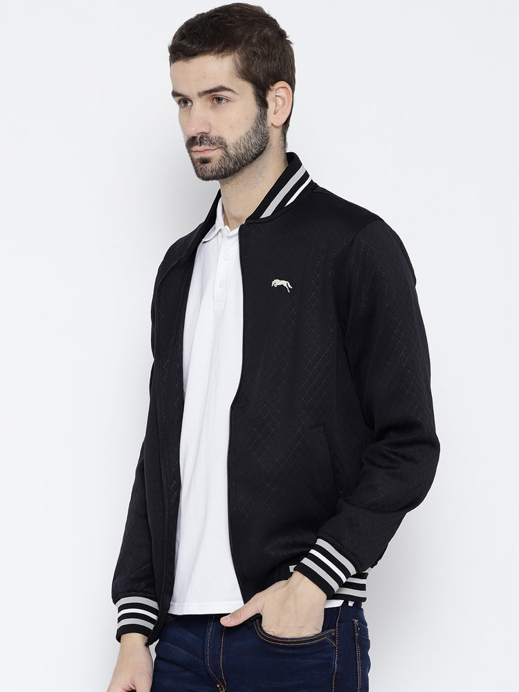 Men Navy Blue self Design Jacket - JUMP USA