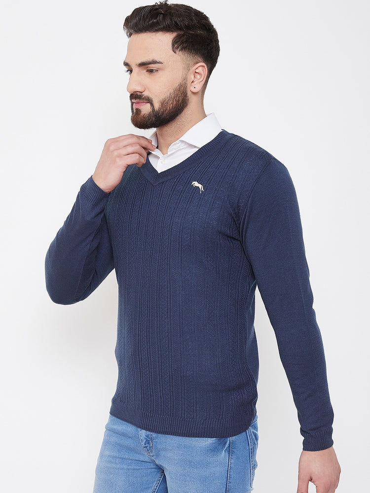 JUMP USA Men Navy Blue Self Design Sweater - JUMP USA
