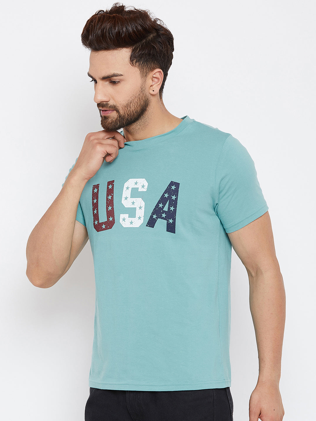 JUMP USA Men Blue Solid Round Neck T-Shirt - JUMP USA