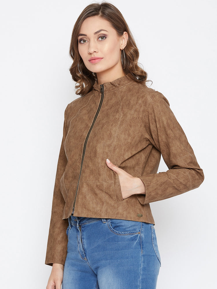 JUMP USA Women Tan Solid Casual Leather Jacket - JUMP USA