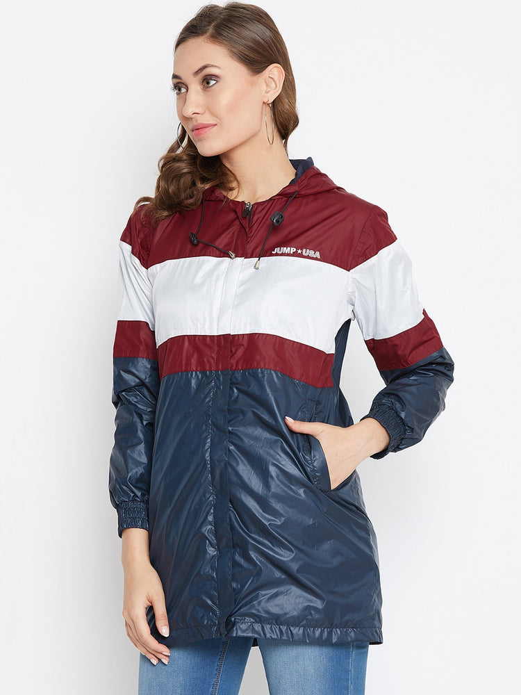 JUMP USA Women Navy Blue Colourblocked Windcheater Jacket - JUMP USA