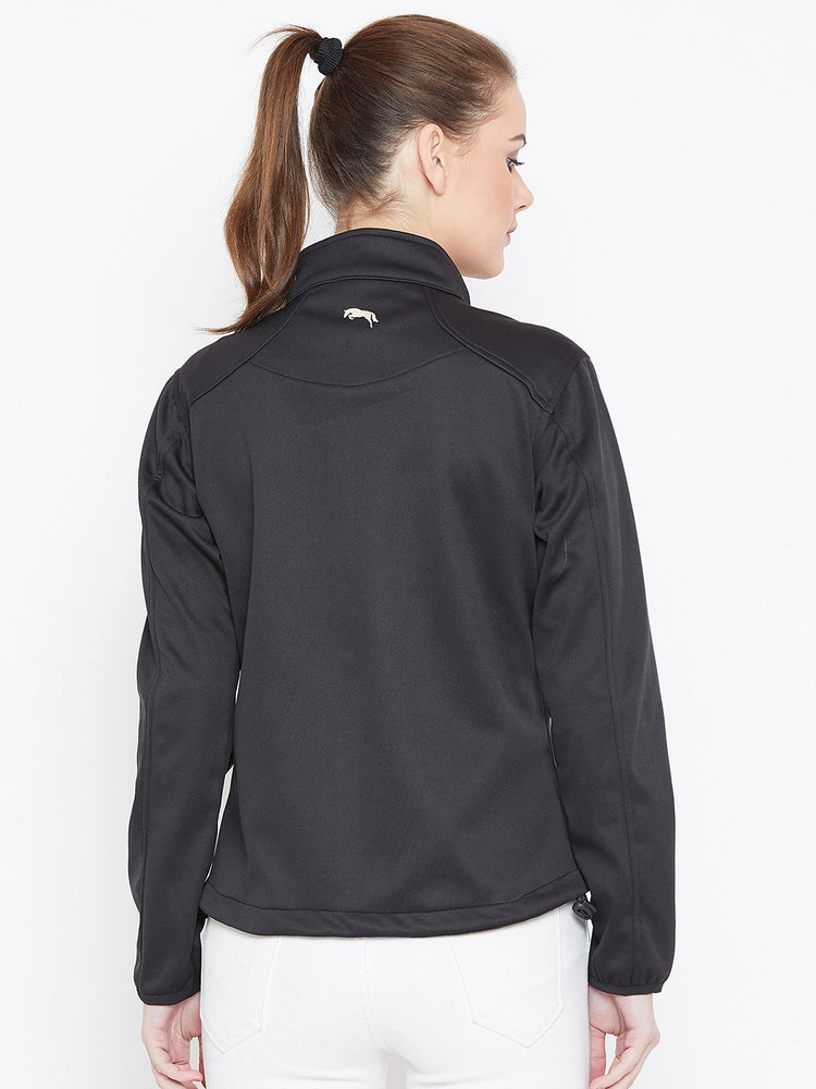 Women Black Solid Sporty Jacket - JUMP USA