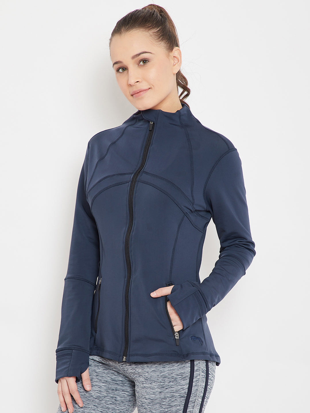 Women Sports Navy Blue Sporty Jacket - JUMP USA