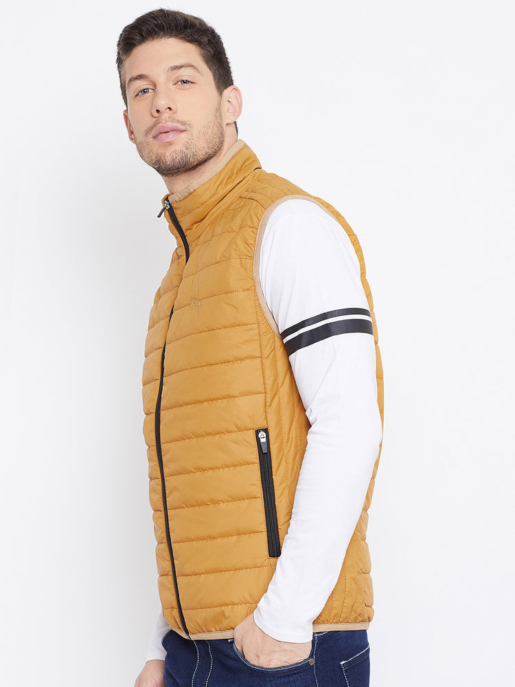 JUMP USA Men Mustard Sleevless Solid Bomber Jacket - JUMP USA
