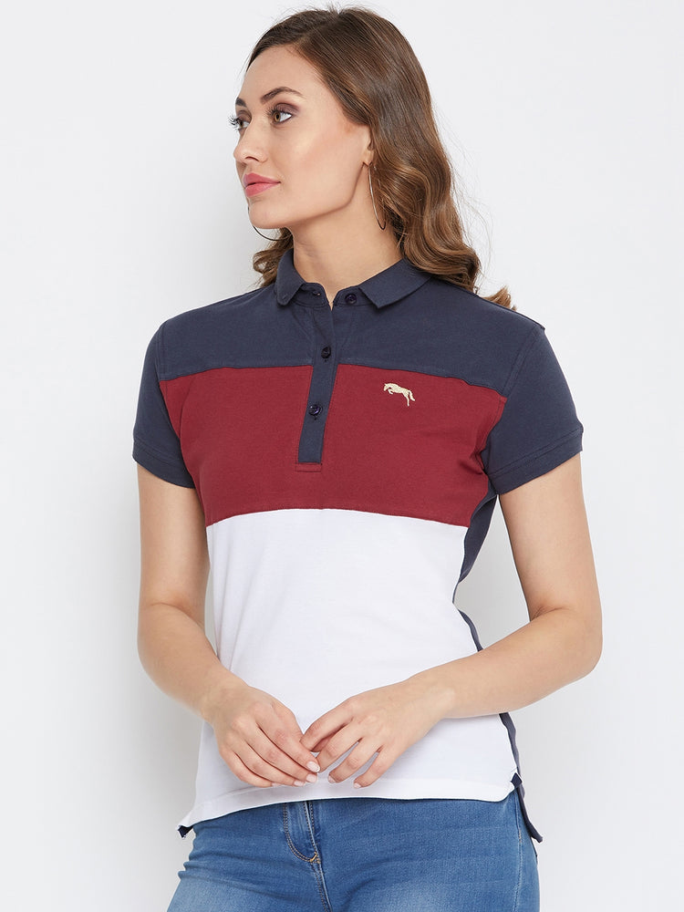 JUMP USA Women Navy Blue And Red Colour blocked PoloT-Shirts - JUMP USA