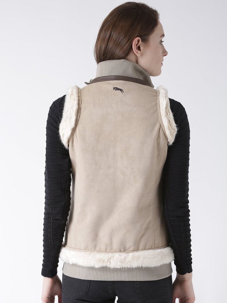 Women Polyster Casual Sleeveless Beige Winter Jacket - JUMP USA (1568776421418)